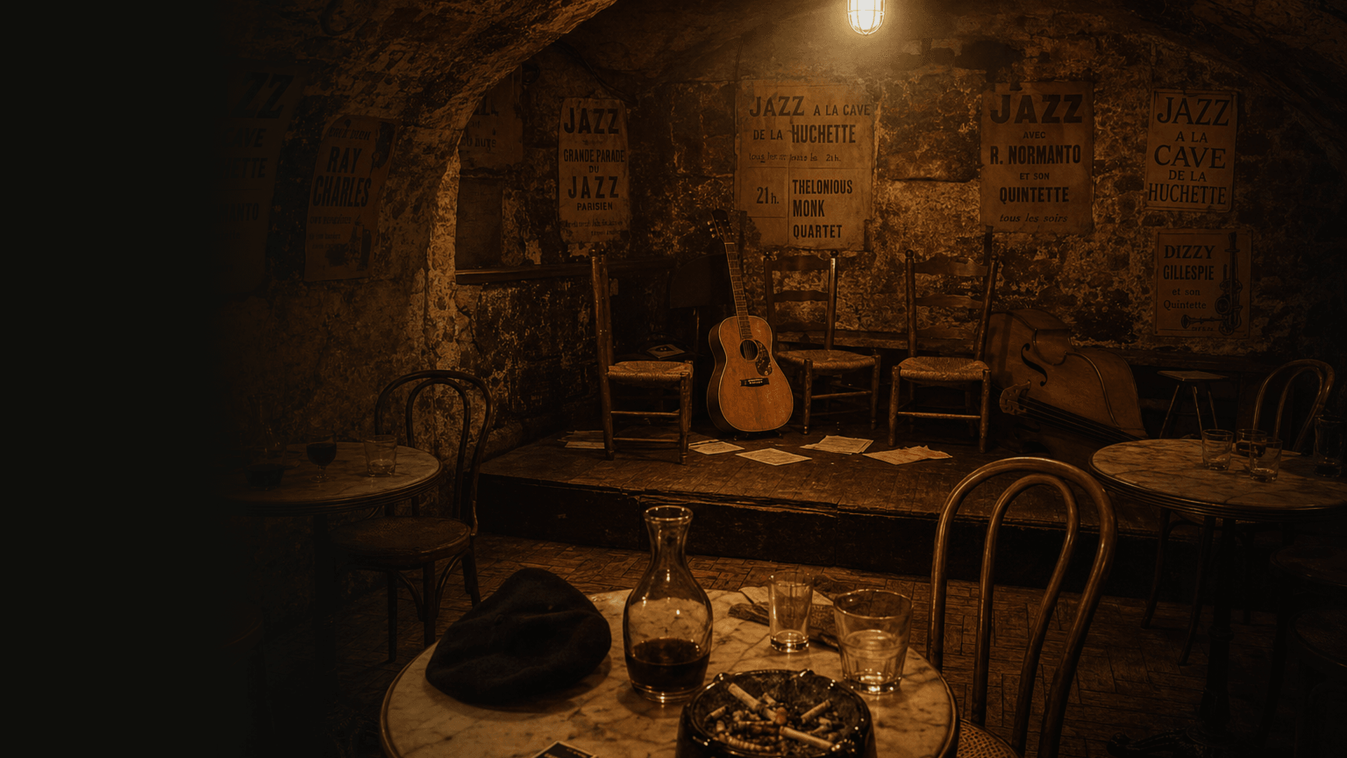 A stone-cellar jazz club in Pigalle — old jazz posters on the wall, an acoustic guitar resting on a chair, a marble café table in the foreground